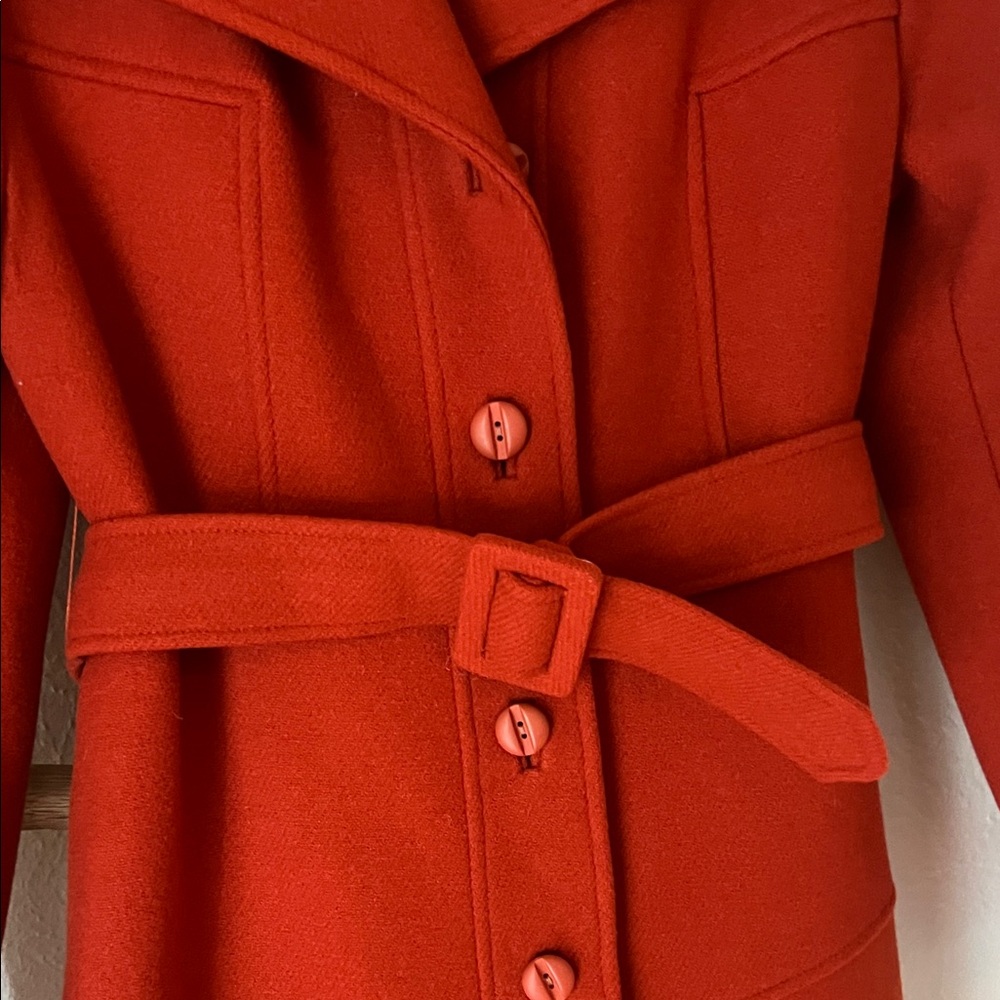 Vintage 70s Young Miss Rust Orange Brick Red Wool Trench Coat with Belt Small - Picture 5 of 9
